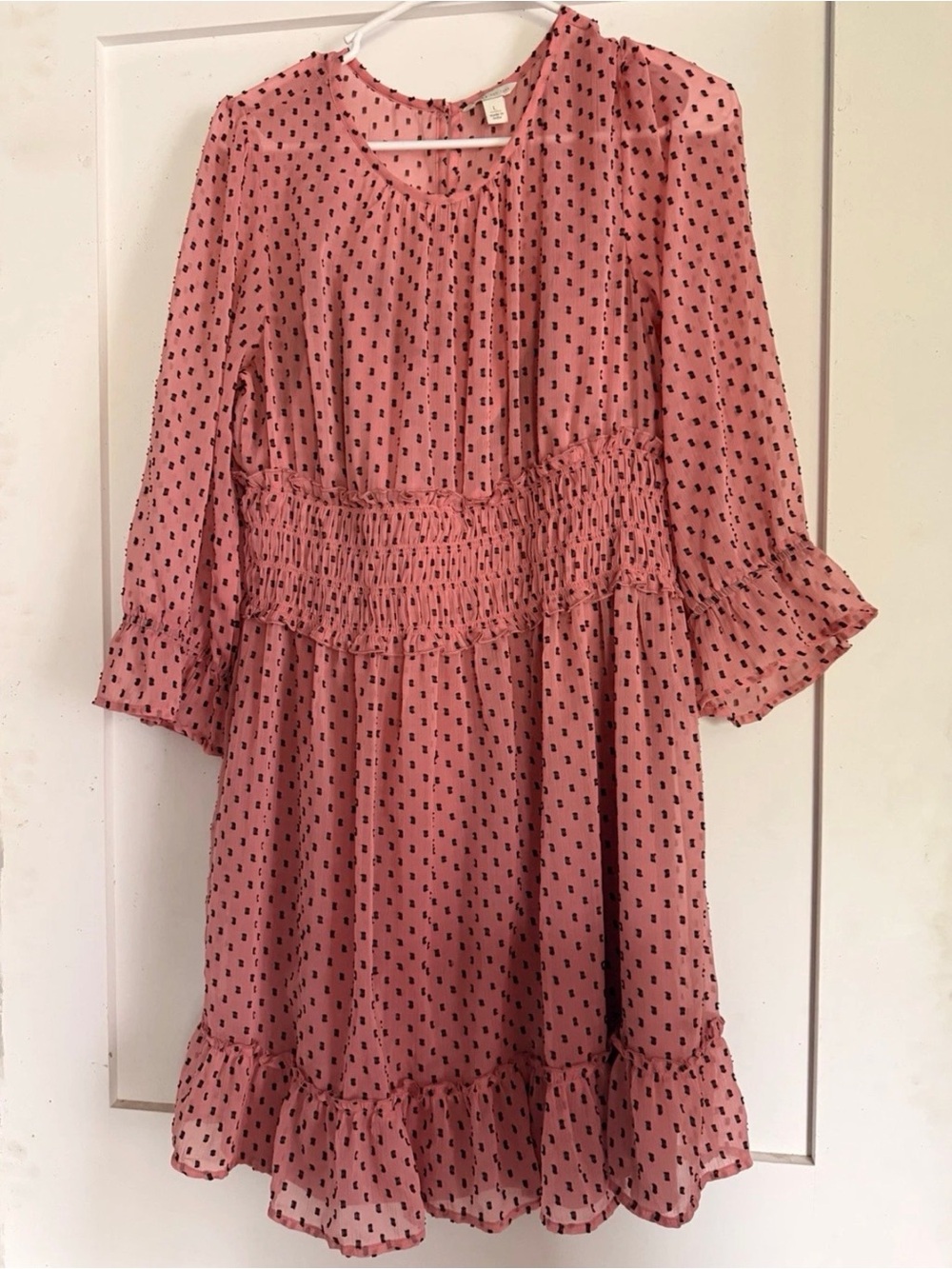 Cato Pink Long Sleeve Polka Dot Smocked Waist Dress